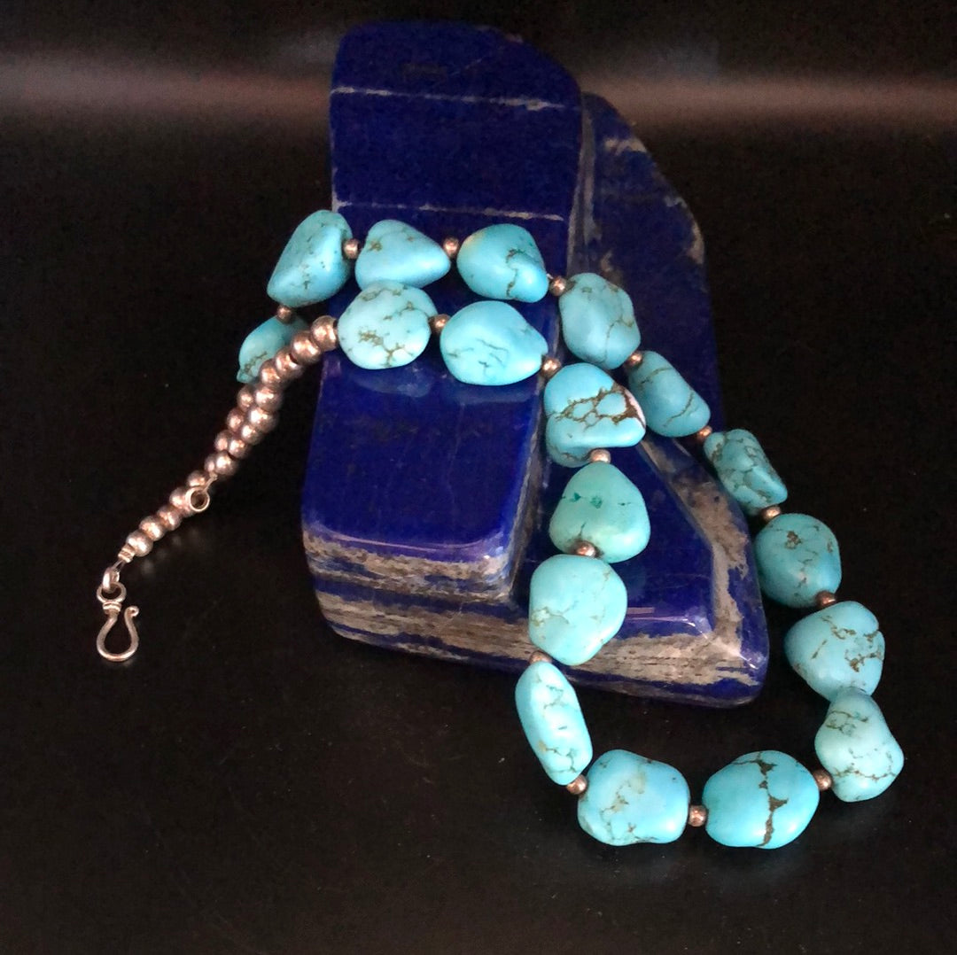 18” Large Turquoise Nugget and Sterling Silver bead Necklace