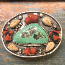 Load image into Gallery viewer, Large Belt Buckle wit Elk Ivory, Coral and Turquoise!