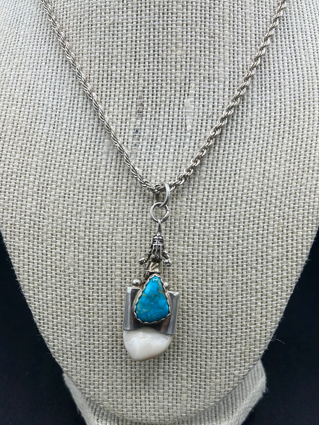 Sterling Silver Kachina With Bisbee Turquoise and Elk Ivory Pendant!