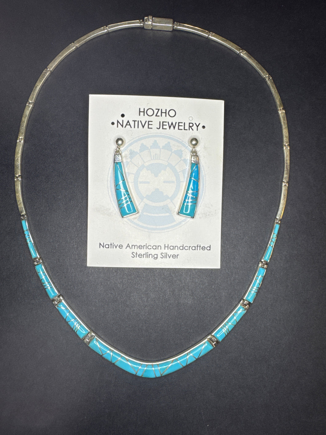 Hozho Turquoise and Sterling Silver Inlay Necklace and Earring Set