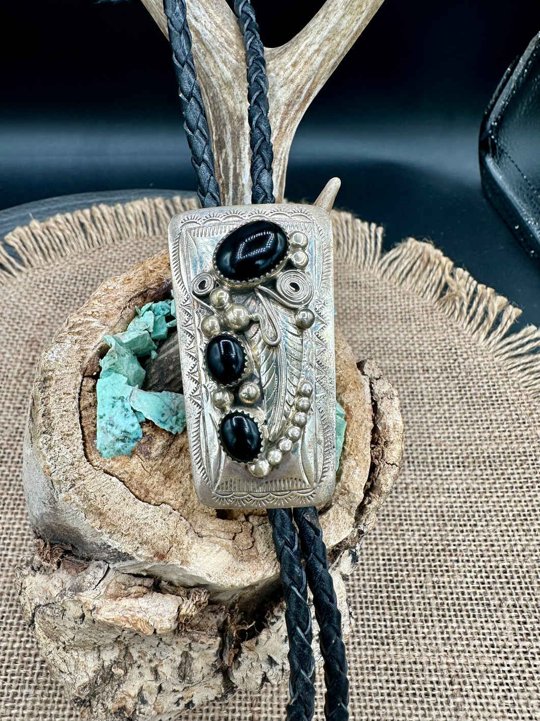 Navajo handmade Sterling Silver Black Onyx Bolo Tie