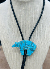 Load image into Gallery viewer, Navajo handmade Sterling Silver Kingman Turquoise Bear Bolo Tie
