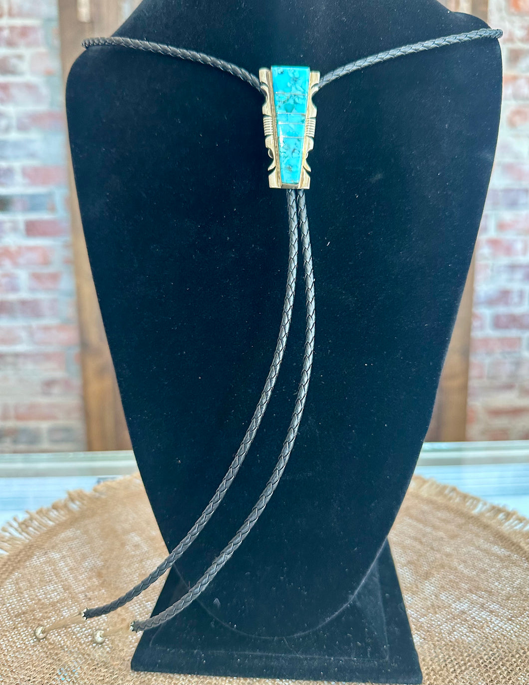 Navajo Handmade Kingman Turquoise Sterling Silver Bolo Tie