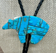 Load image into Gallery viewer, Navajo handmade Sterling Silver Kingman Turquoise Bear Bolo Tie
