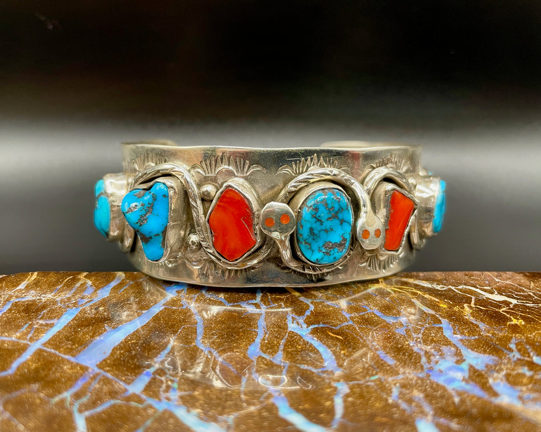Large turquoise and coral cuff bracelet