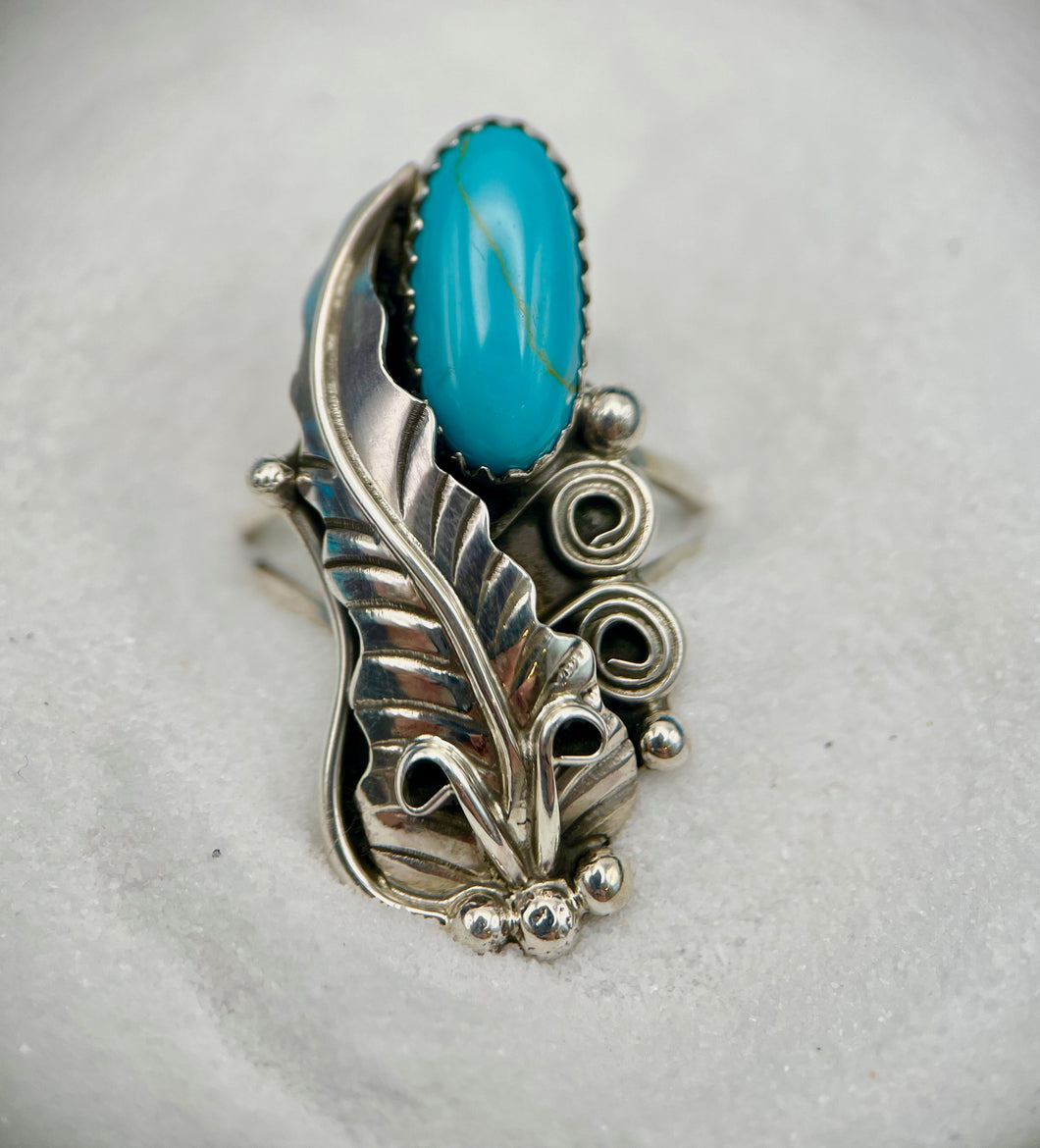 Sterling Silver Leaf and Turquoise Ring