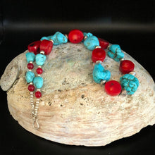 Load image into Gallery viewer, 20” Chunky Turquoise Nugget, Bamboo Coral, and Sterling Silver Necklace
