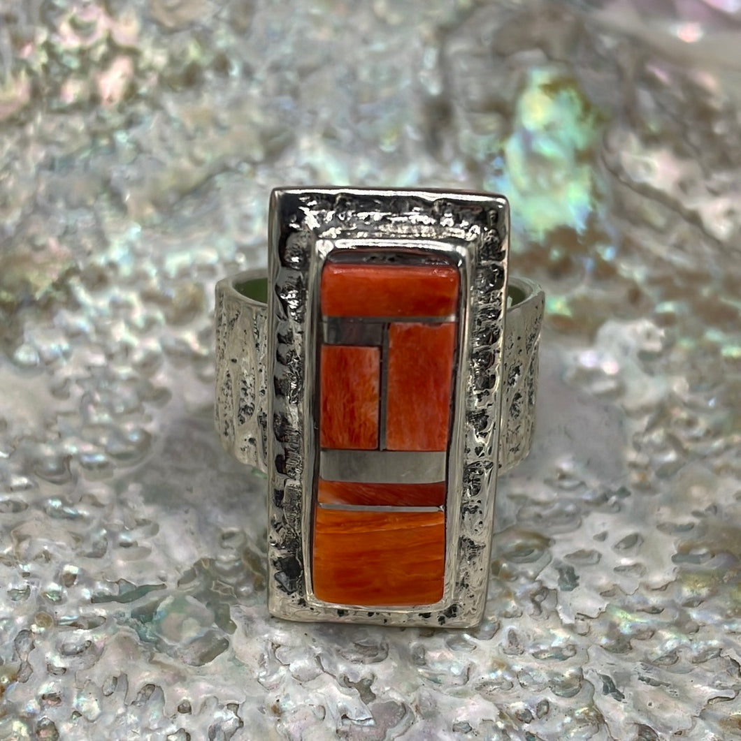 Large rectangular Sterling Silver and Spiny Oyster Shell inlay ring