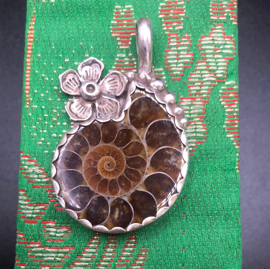 Handmade Sterling Silver Ammonite Fossil Pendant – 925 Jewelry, 2.25” Brown Stone
