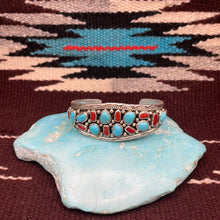 Load image into Gallery viewer, 18 stone Turquoise and Red Coral Cuff Bracelet
