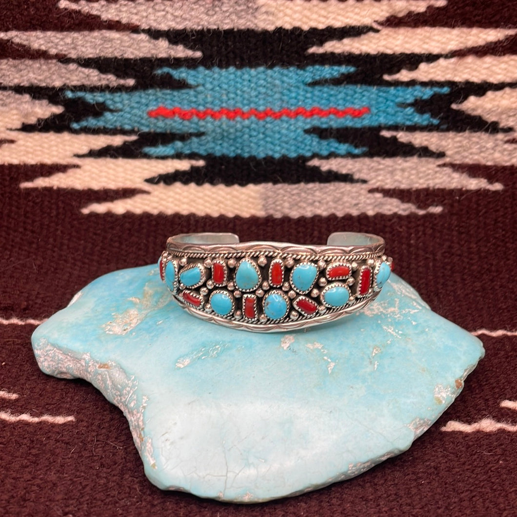 18 stone Turquoise and Red Coral Cuff Bracelet