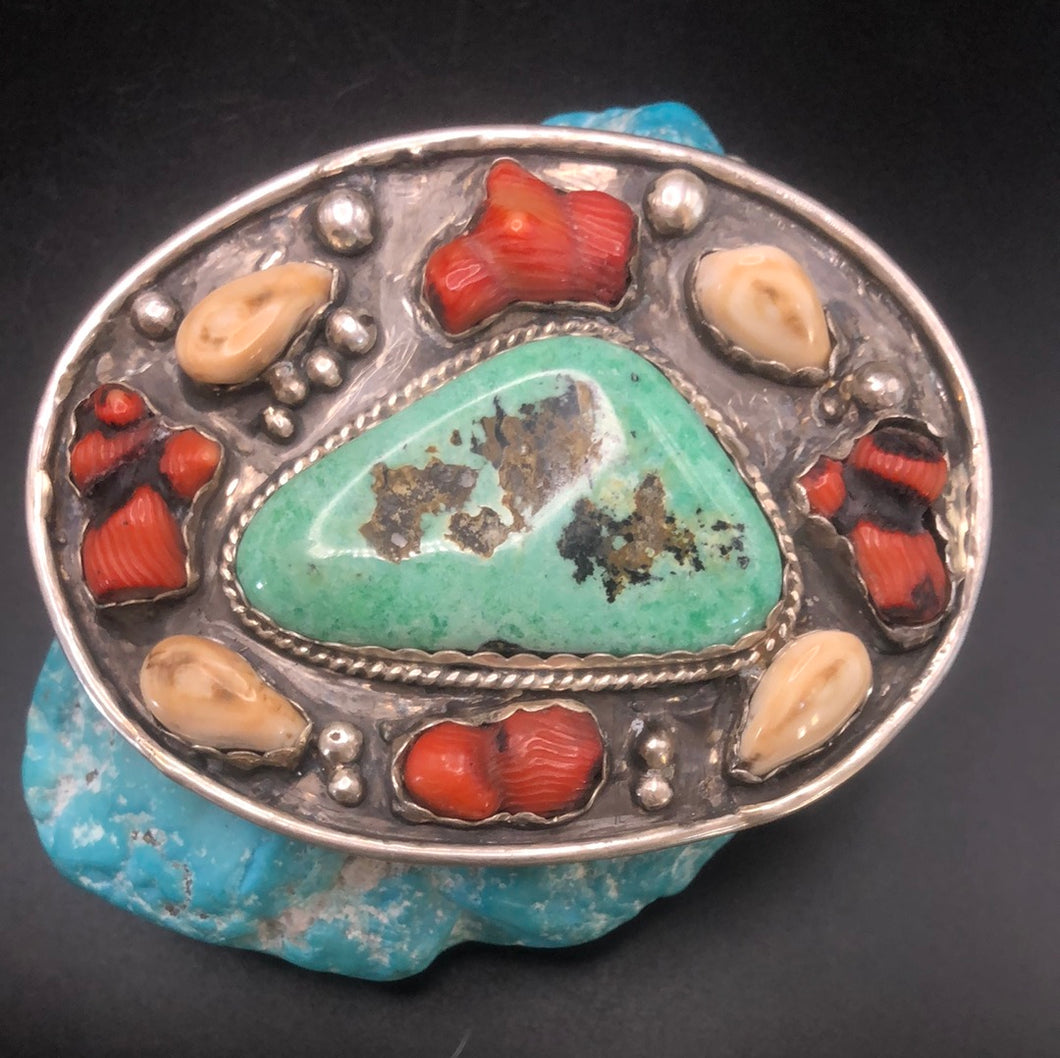 Large Belt Buckle wit Elk Ivory, Coral and Turquoise!