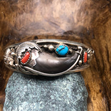 Load image into Gallery viewer, Bear Claw with Matrix Kingman Turquoise and Coral set in a Sterling Silver Bracelet
