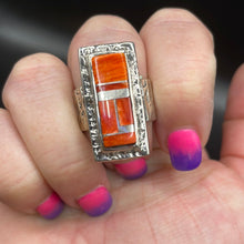 Load image into Gallery viewer, Large rectangular Sterling Silver and Spiny Oyster Shell inlay ring
