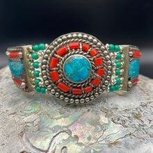 Load image into Gallery viewer, Tibetan Crushed Turquoise and Red Coral Bracelet
