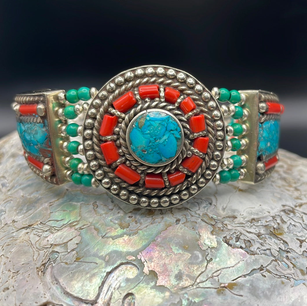 Tibetan Crushed Turquoise and Red Coral Bracelet