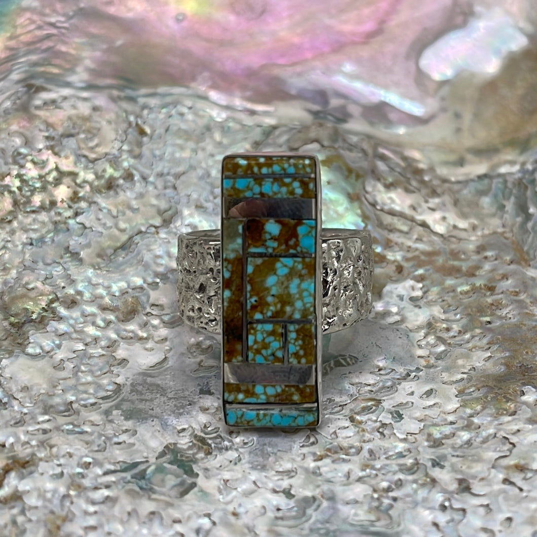 Large Turquoise and Sterling Silver rectangular Inlay ring