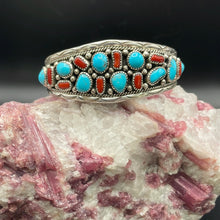 Load image into Gallery viewer, 18 stone Turquoise and Red Coral Cuff Bracelet
