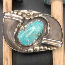 Load image into Gallery viewer, Double Bear Claw Belt Buckle with Cripple Creek Turquoise!

