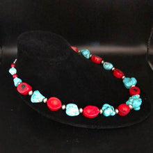 Load image into Gallery viewer, 20” Chunky Turquoise Nugget, Bamboo Coral, and Sterling Silver Necklace
