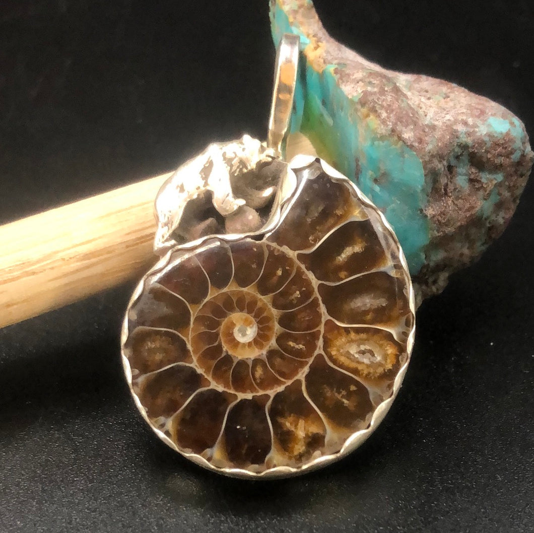 Ammonite Fossil and Sterling Silver Bear!