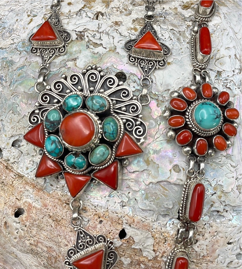 Tibetan Turquoise and Red Coral Set
