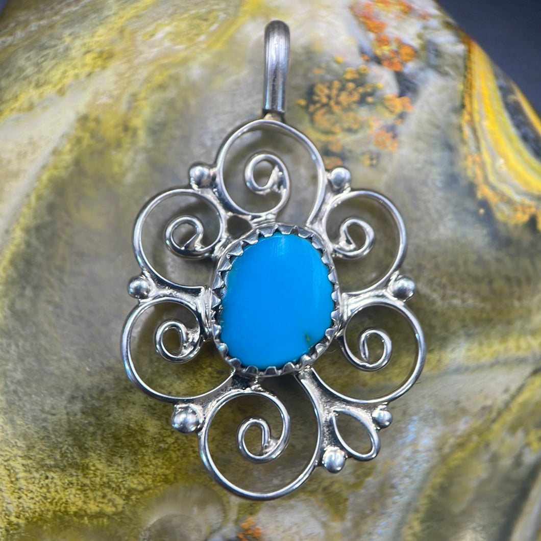 Small Decorative Sleeping Beauty Turquoise and Sterling Silver Pendant