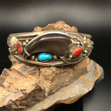 Load image into Gallery viewer, Bear Claw with Kingman Turquoise and Coral set in a Sterling Silver Bracelet
