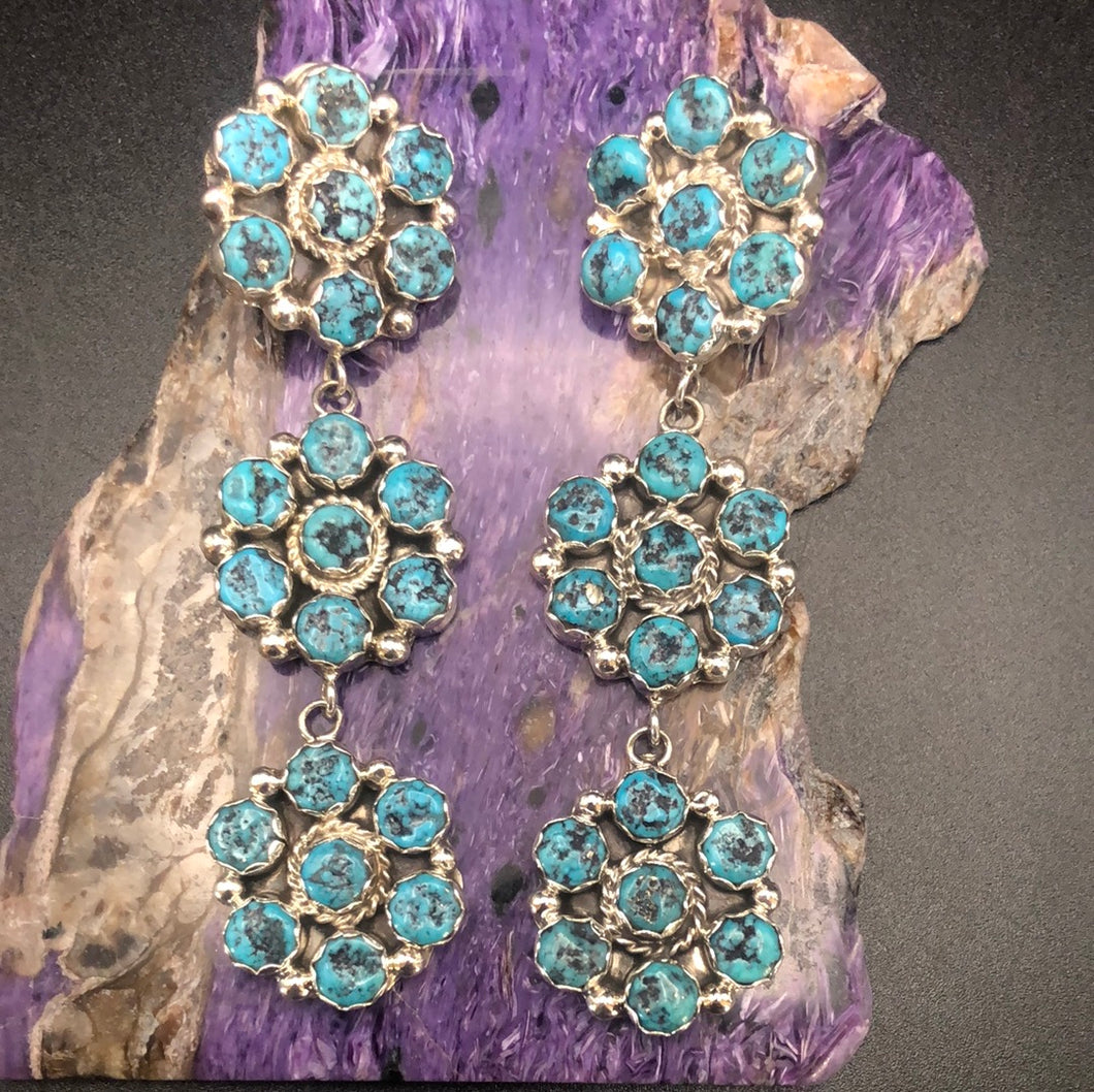 Large 3 Cluster Sterling Silver Kingman Turquoise Earrings
