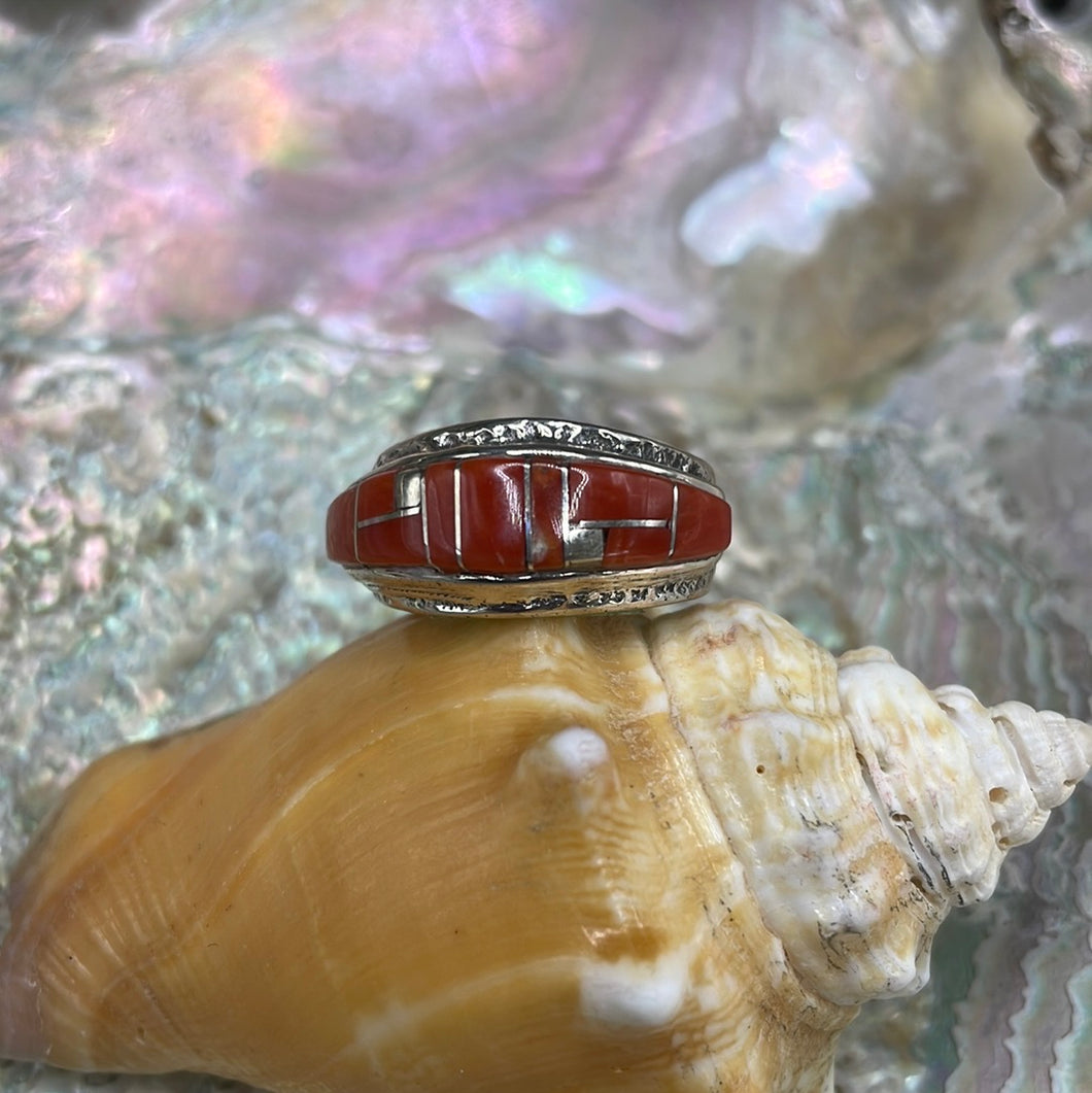 Red Coral and Sterling Silver Inlay ring