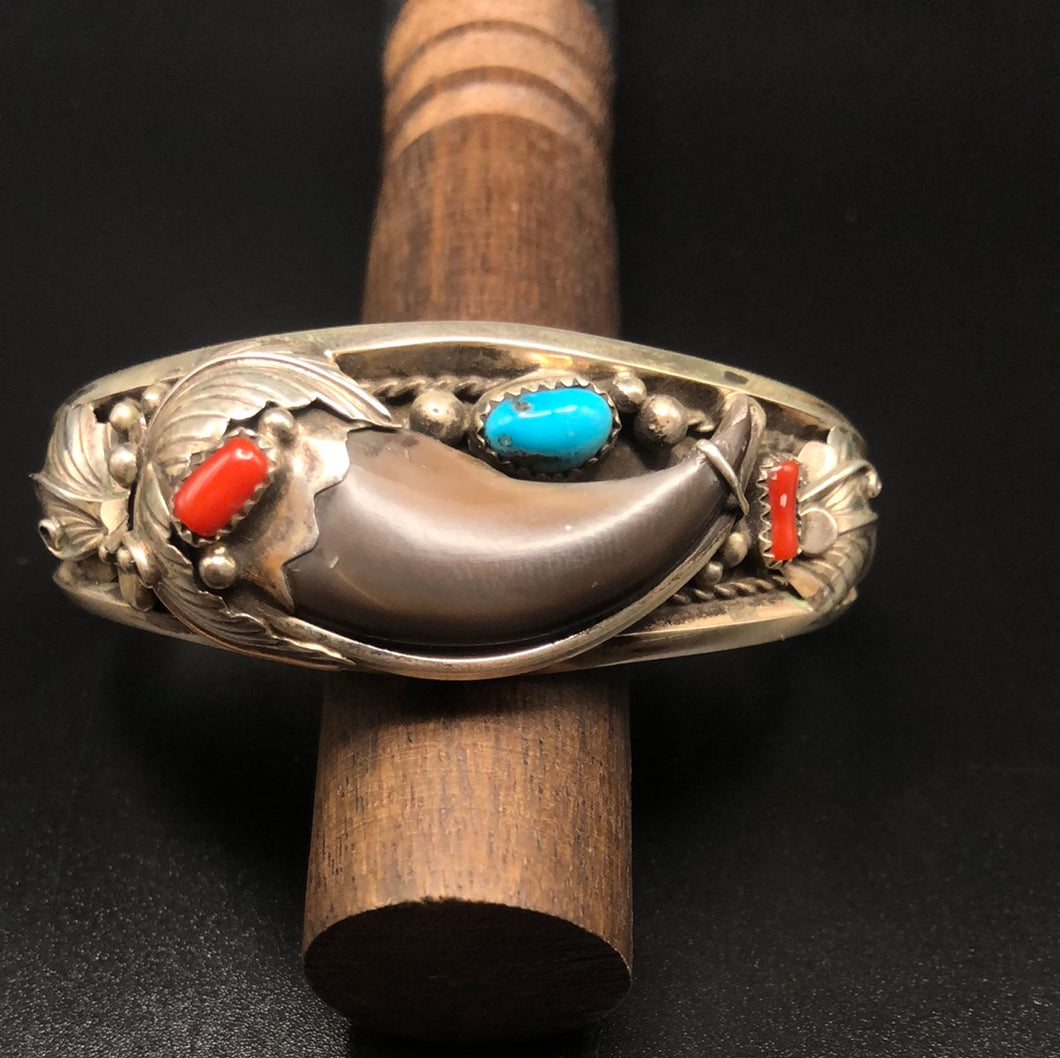 Bear Claw with Kingman Turquoise and Coral set in a Sterling Silver Bracelet