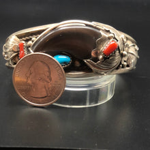 Load image into Gallery viewer, Bear Claw with Kingman Turquoise and Coral set in a Sterling Silver Bracelet
