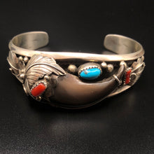 Load image into Gallery viewer, Bear Claw with Kingman Turquoise and Coral set in a Sterling Silver Bracelet
