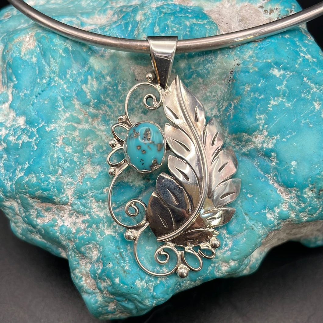 Decorative Sleeping Beauty Turquoise and Sterling Silver Leaf pendant