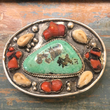 Load image into Gallery viewer, Large Belt Buckle wit Elk Ivory, Coral and Turquoise!
